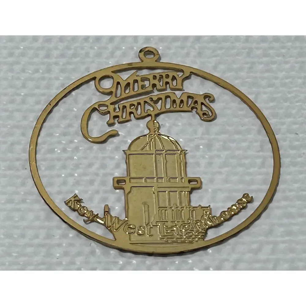 2” Merry Christmas Key West Lighthouse Gold Tone Christmas Tree Ornament Vintage